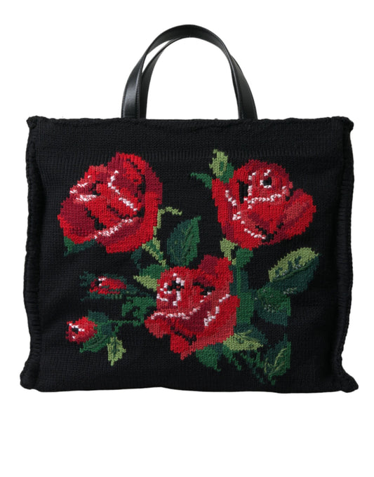 Fashionsarah.com Fashionsarah.com Dolce & Gabbana Black Cashmere Rose Embroidery Shopping Tote Bag