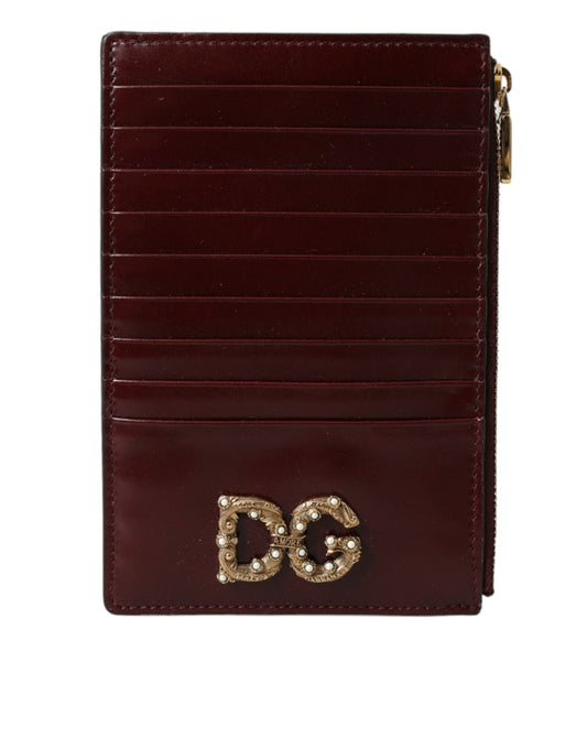 Fashionsarah.com Fashionsarah.com Dolce & Gabbana Maroon Leather DG Amore Zip Card Holder Wallet