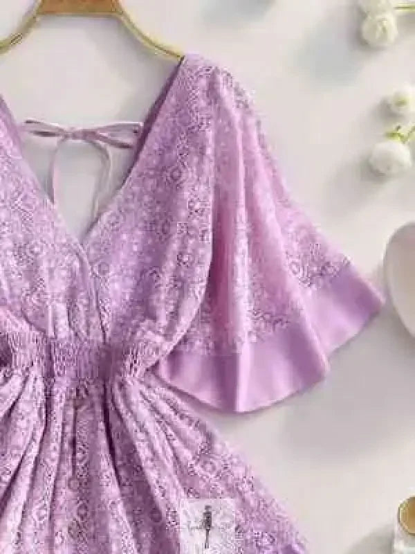 Lavender floral-patterned lace cutout half sleeve mini dress for stylish occasions