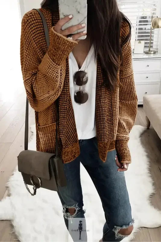 Fashionsarah brown knit pocketed duster cardigan for stylish layered looks