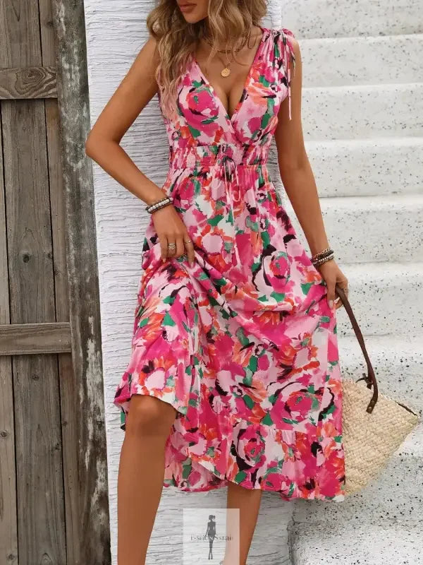 Floral print midi ruffled smocked sleeveless dress from online boutique