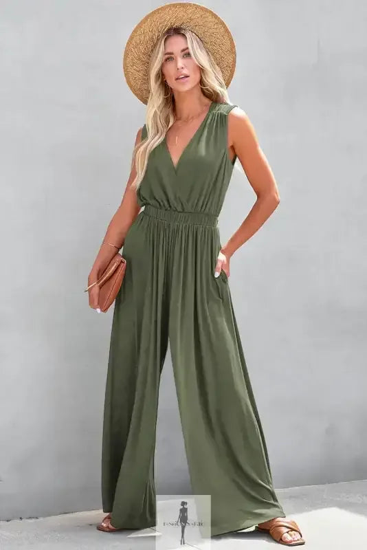 Olive green Deep V Wide Leg Jumpsuit showcasing a modern wide leg design