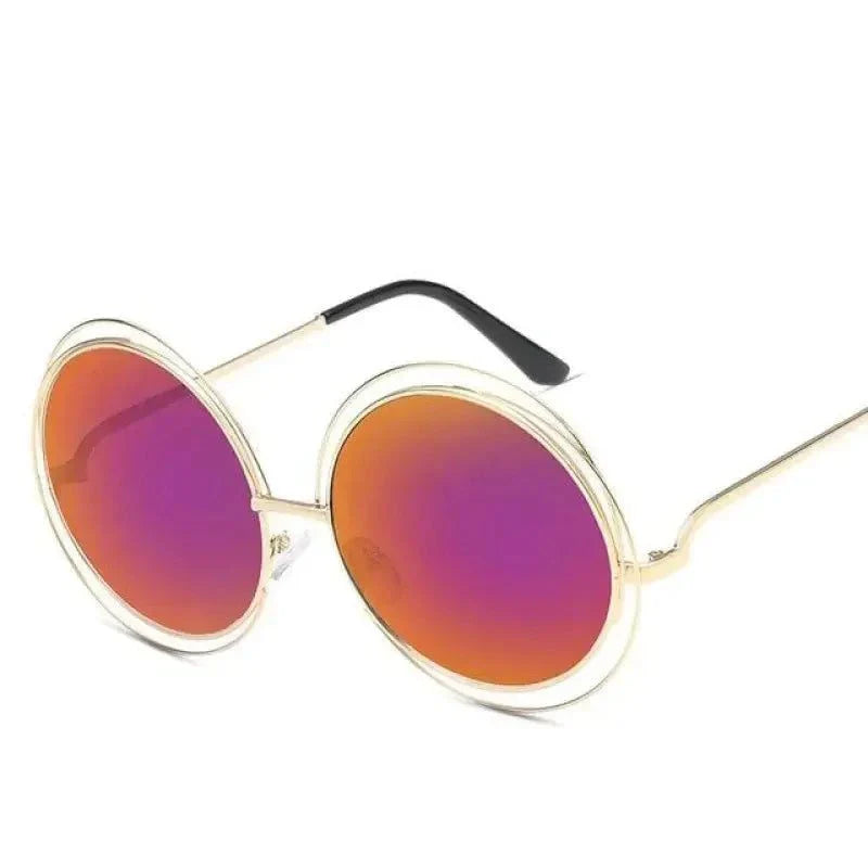 Luxury round sunglasses with gold alloy frame and purple gradient mirror photochromic lenses