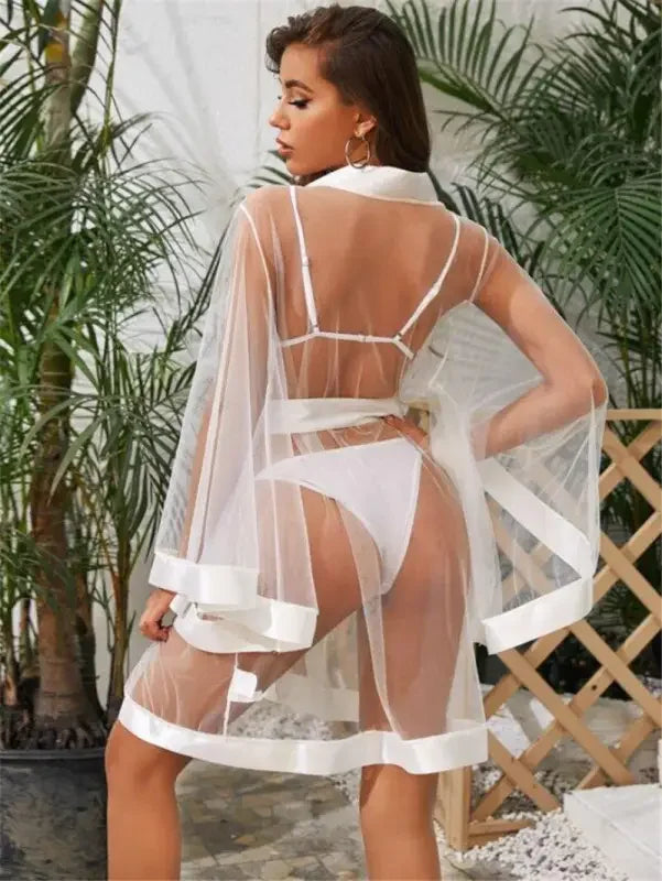 Mesh Kimono Robe + Belt + G-String 3 Piece Set | Fashionsarah.com