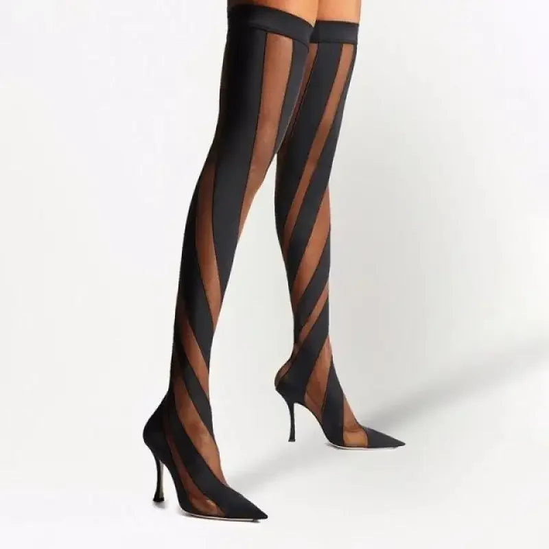 Black striped thigh-high stiletto boots from Fashionsarah’s transparent boots collection