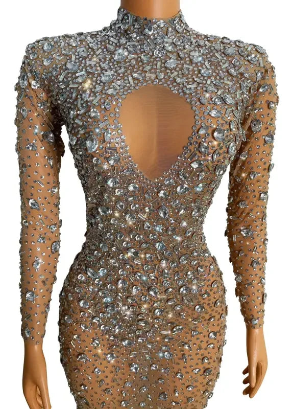 Rhinestone-covered sheer dress from Rhinestone Transparent Prom Dress collection with luxury diamonds