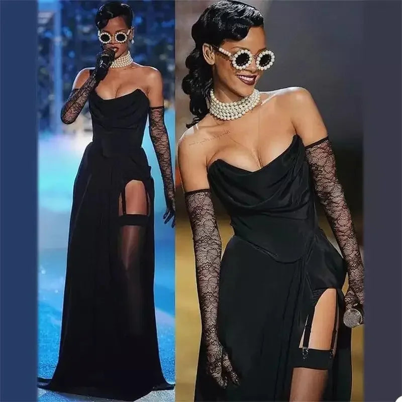 Rihanna wearing a black prom dress with pearl accessories from online boutique women’s fashion