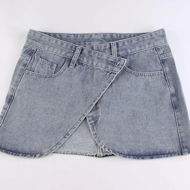 Gray denim mini skirt with asymmetrical closure, showcasing stylish denim mini design