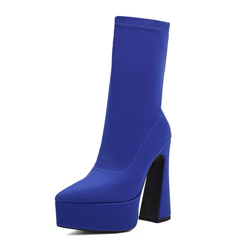 Blue platform heel boot from Luxury Sock Platform Boots, stylish sock platform boots