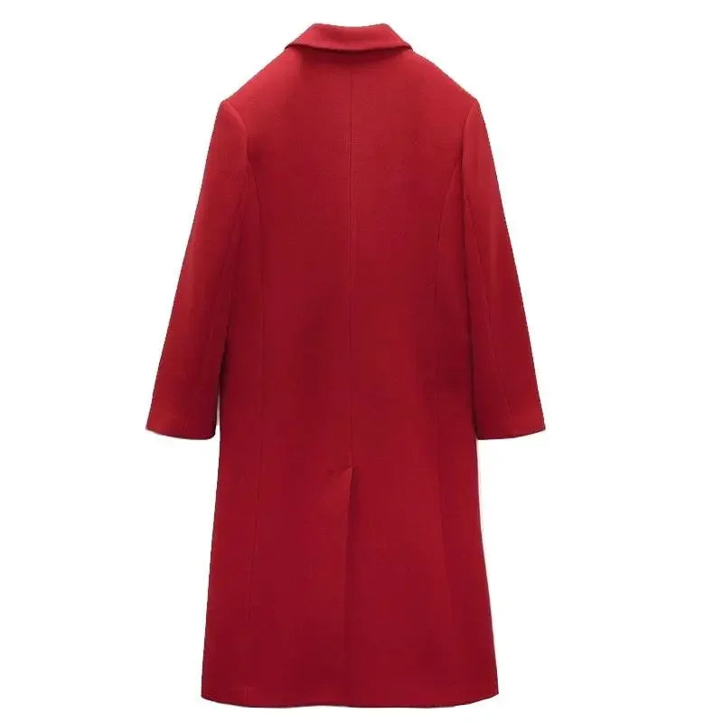 Dark red woolen women coat featuring a long cut and collared design for elegant winter wear