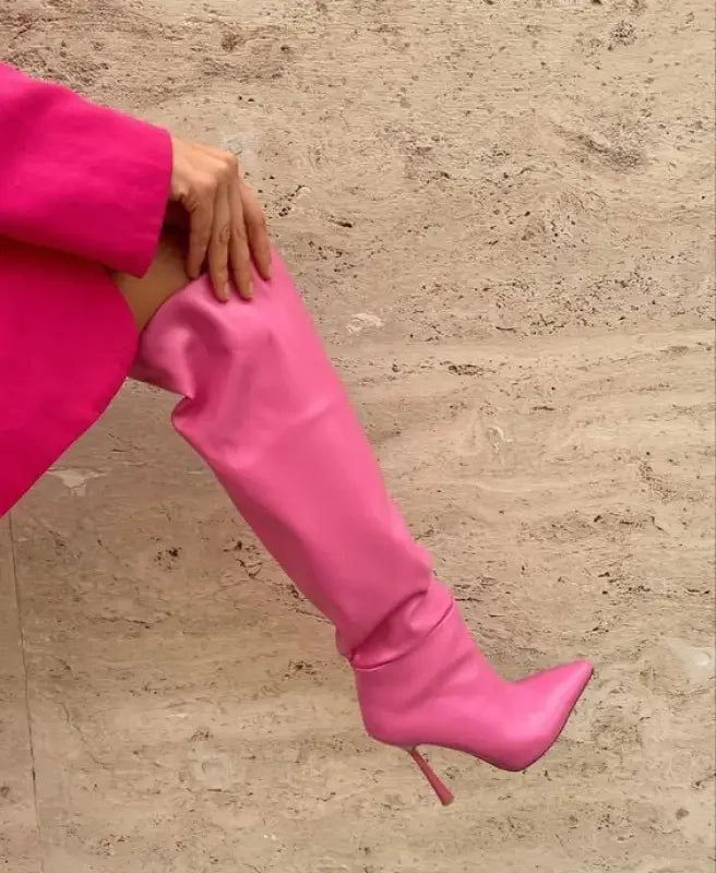 Pink thigh-high stiletto knee boots showcasing stylish Pink Pointed Toe Knee High Boots