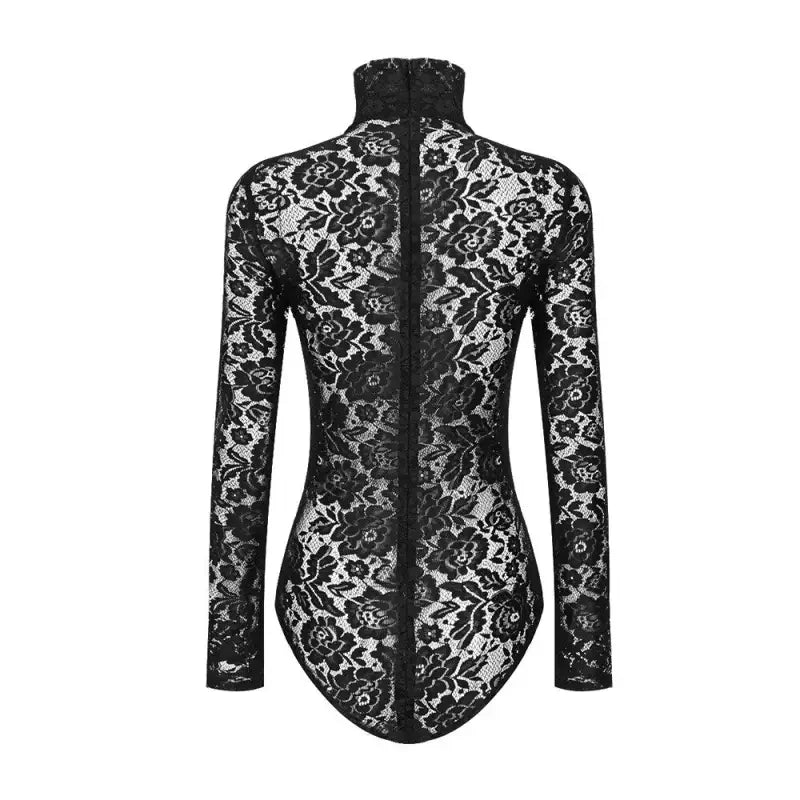Black floral lace long sleeve bodysuit featuring a turtleneck and intricate lace black design