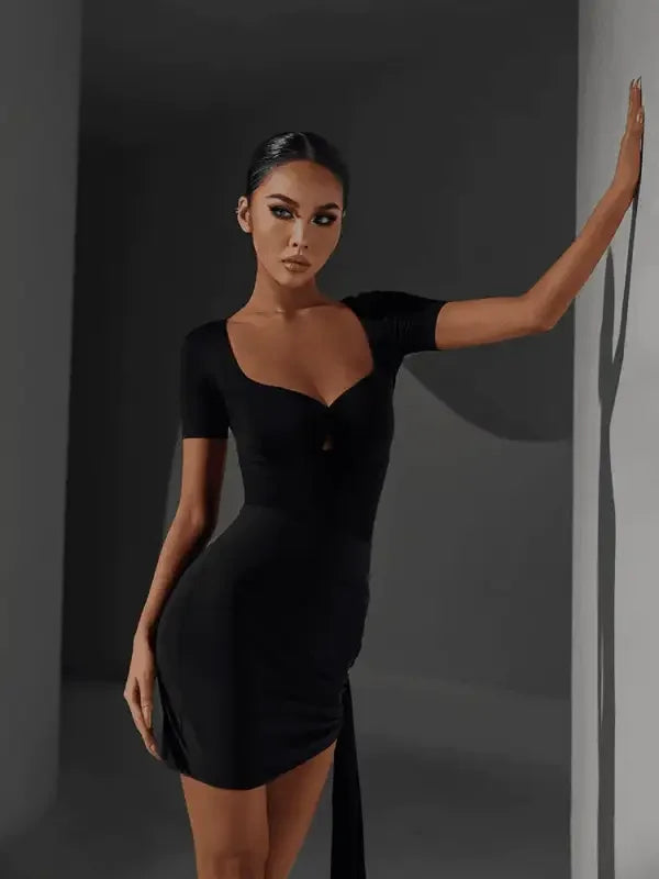 Black form-fitting mini dress as a Latin Dance Bodysuit for Latin Dance performances