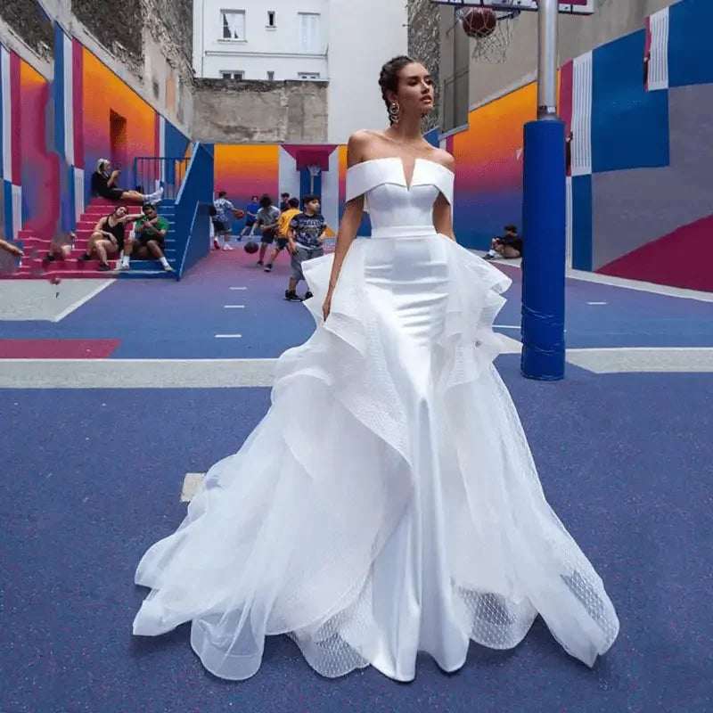 off the shoulder wedding dress with detachable skirt Wedding Dress With Detachable Skirt