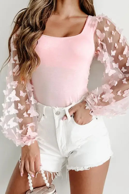 Pink Butterfly Tulle Sleeve Bodysuit | Fashionsarah.com