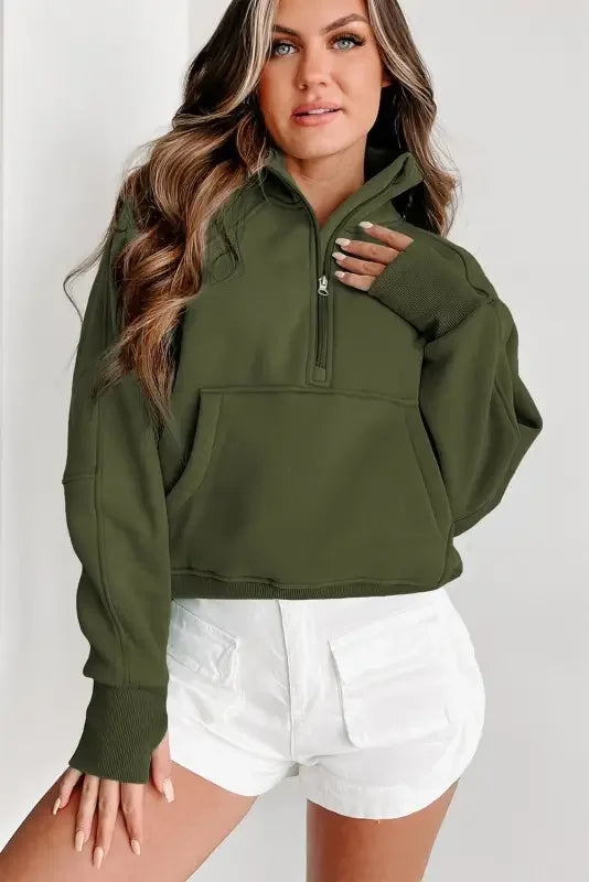 Green Zip Up Women Sweatshirt | Fashionsarah.com