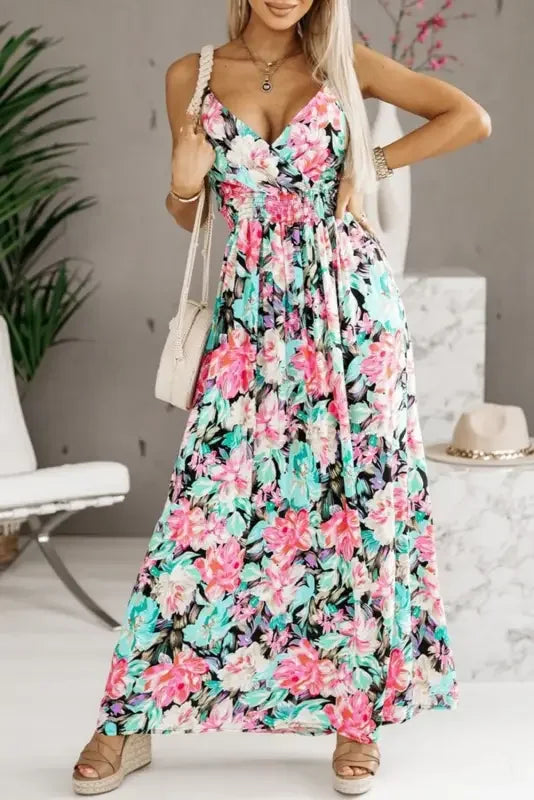 Green Sling Floral Maxi Dress | Fashionsarah.com