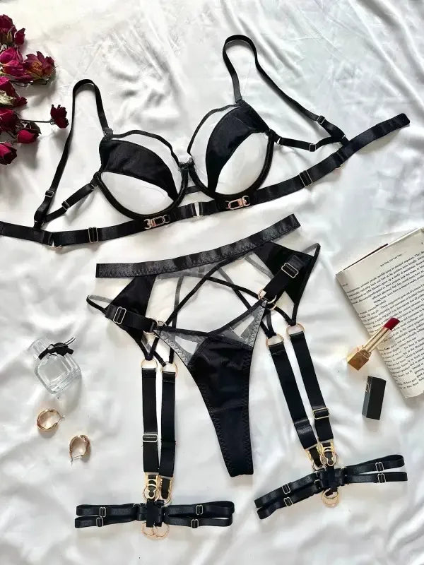 New Complex Craft Black Mesh Lingerie with Garter Belt 4 Pcs | Fashionsarah.com