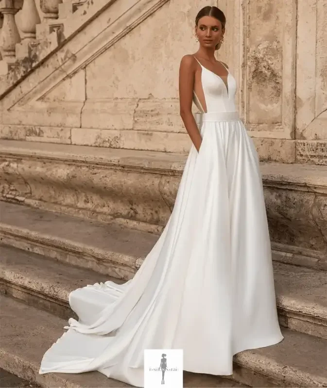 Fashionsarah.com Fashionsarah.com Elegant Satin V-Neck Wedding Dresses With Pockets