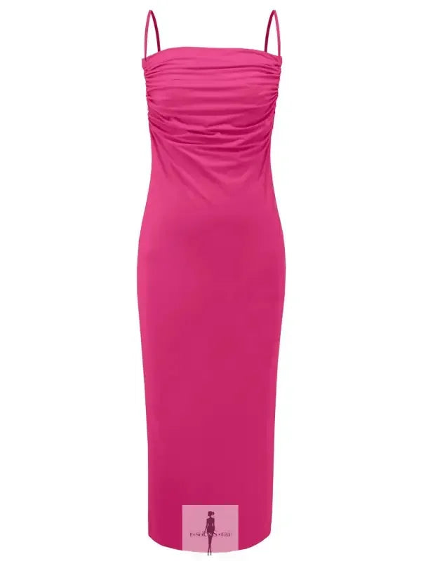 Fuchsia ruched midi dress featuring a backless cowl neck and sleeveless cami style