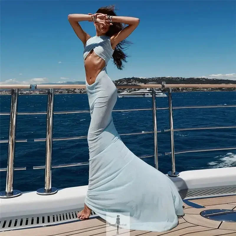 Fashionsarah.com Fashionsarah.com Blue Mesh Elegant Cut Out Dress