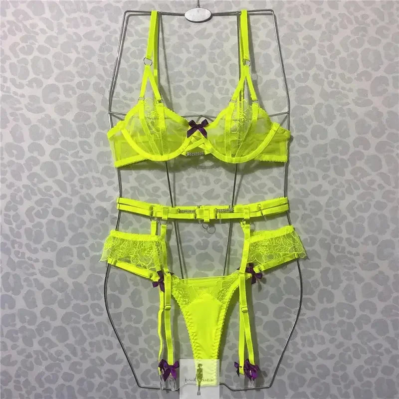 Fashionsarah.com Fashionsarah.com Neon Erotic Lingerie Transparent Lace Bra Kit