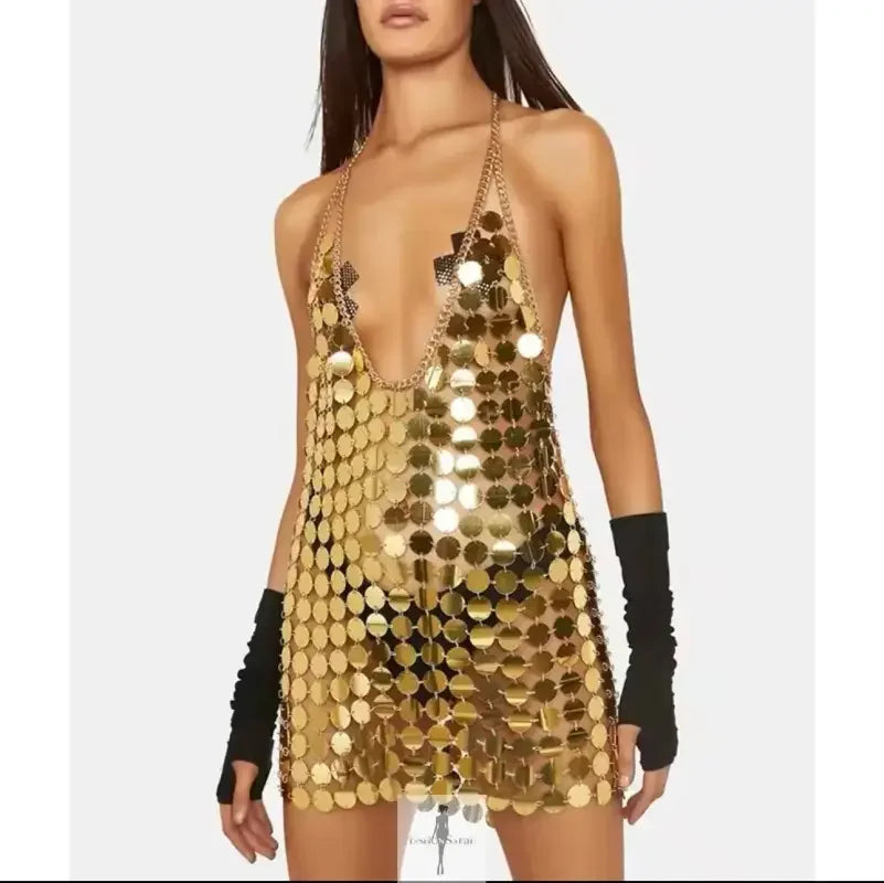disco halter dress Asymmetrical halter gown draped in bronze silk tulle