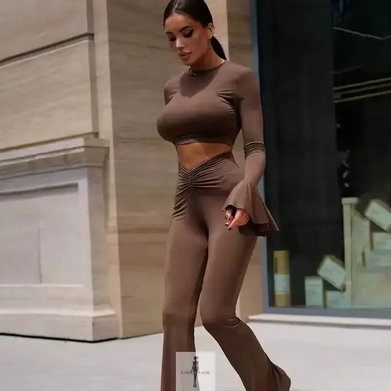 Fashionsarah.com Fashionsarah.com Crop Tops+Flare Pants Matching with Ruffle Detail