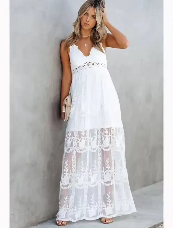 White lace crisscross maxi dress showcasing elegant design for stylish occasions