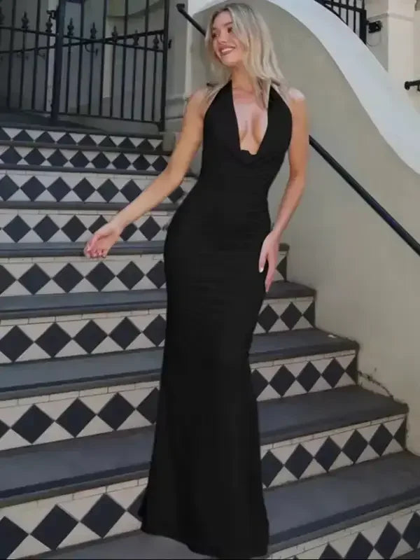 Deep V-neck Lace-up Maxi Dress - Black / S (US 4) - Dress