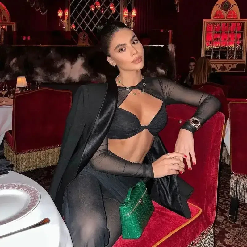 New Mesh Top And Flare Pants Set - black / XS - Pant