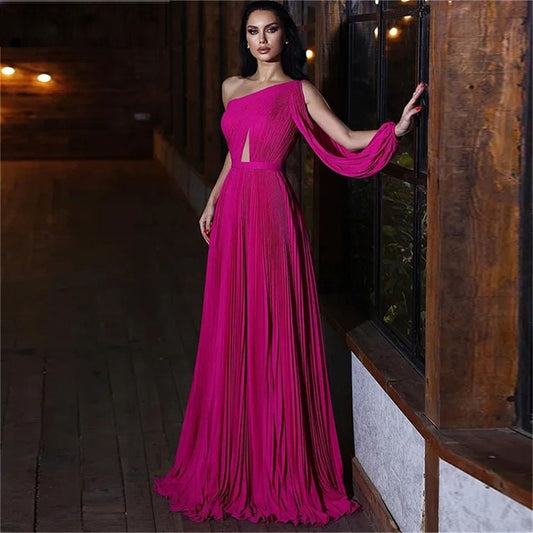Fashionsarah.com One Shoulder Pleat Floor Length Dress
