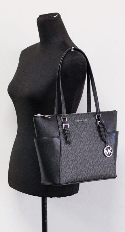 Michael Kors Charlotte Black PVC Leather Large Top Zip Tote Handbag | Fashionsarah.com