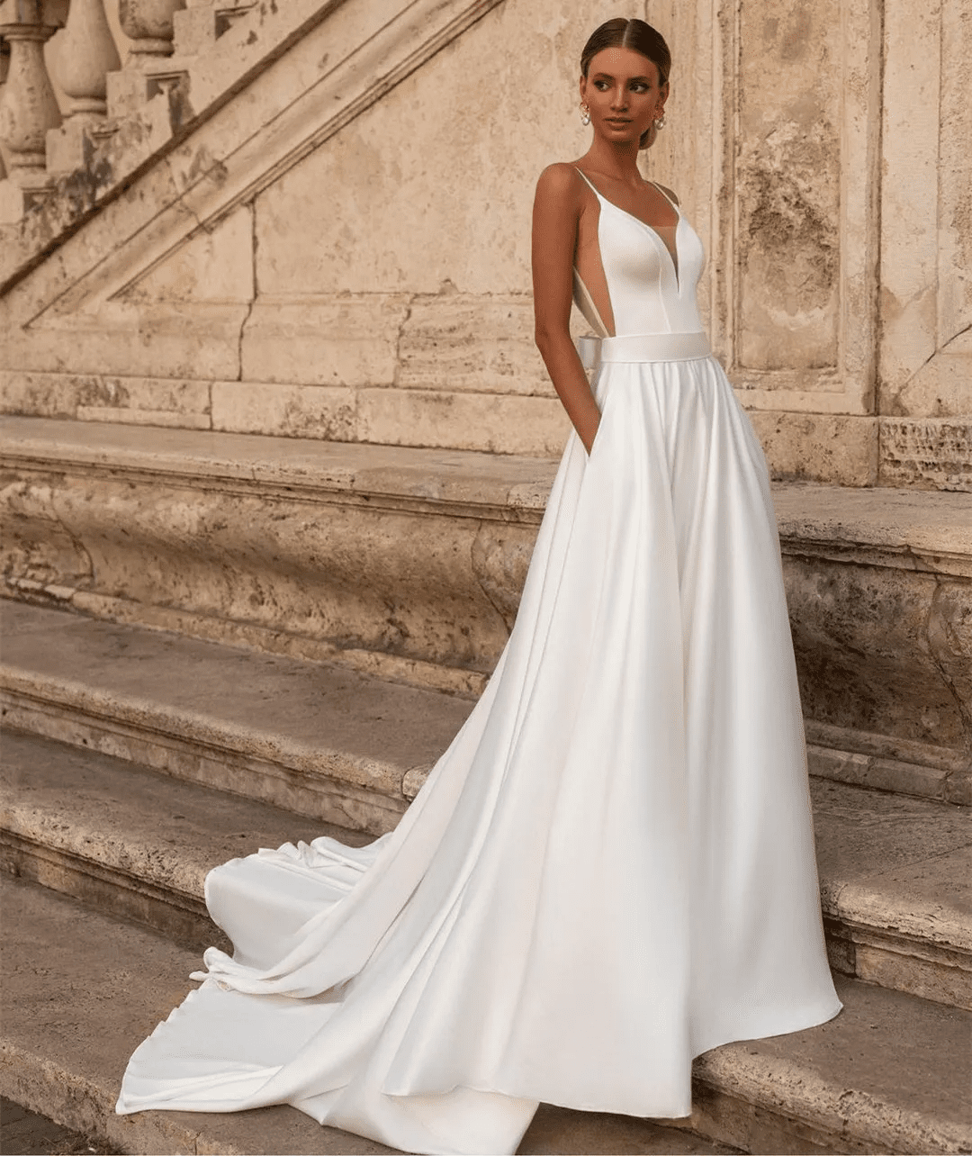 Spaghetti Strap V-neck Satin Wedding Dresses with Pockets VW1873 - Ivory /  Custom Size