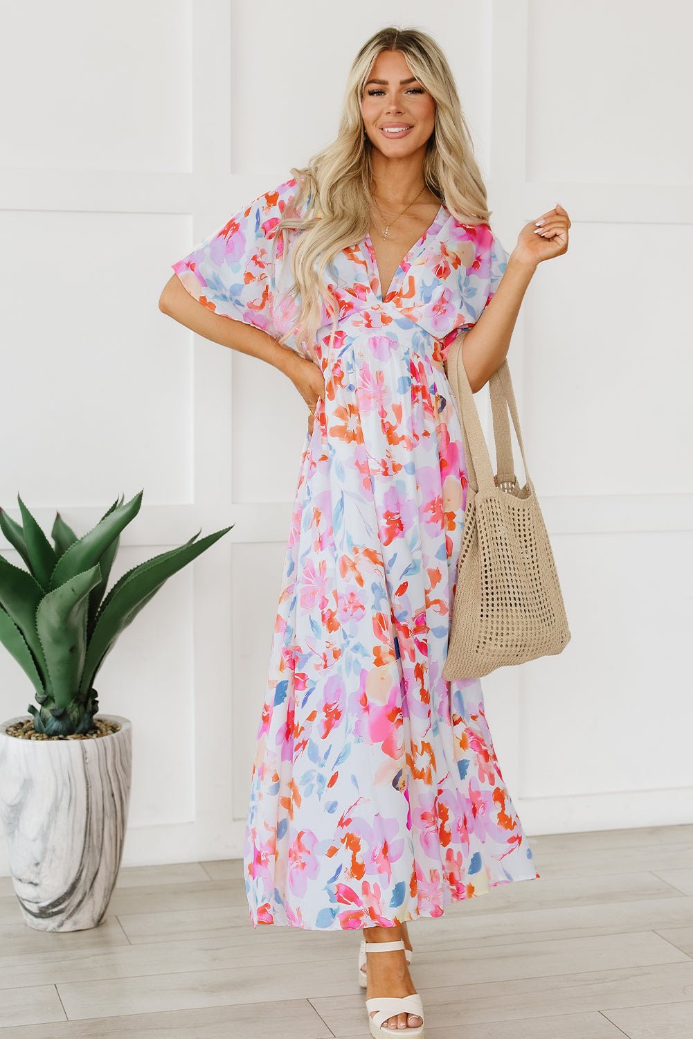 Fashionsarah.com Fashionsarah.com Tropical Floral Ruched V Neck Maxi Dress