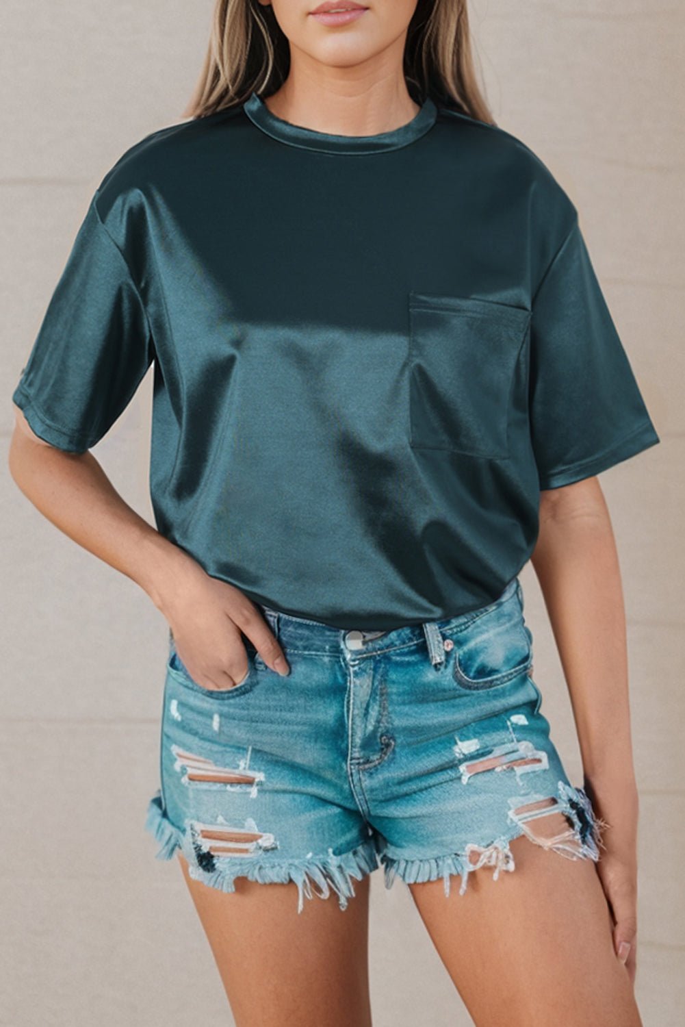 Apricot Chest Pocket Loose Women T Shirt | Fashionsarah.com