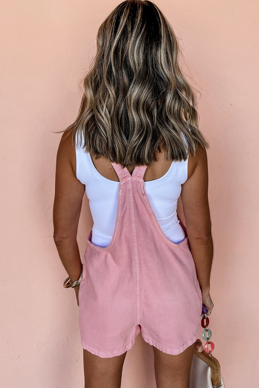 Pink Solid Color Knot Straps Denim Romper with Pockets | Fashionsarah.com