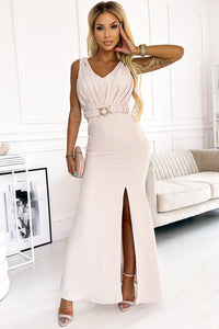 Apricot V Neck Row Pleated Waist Slit Maxi Dress | Fashionsarah.com