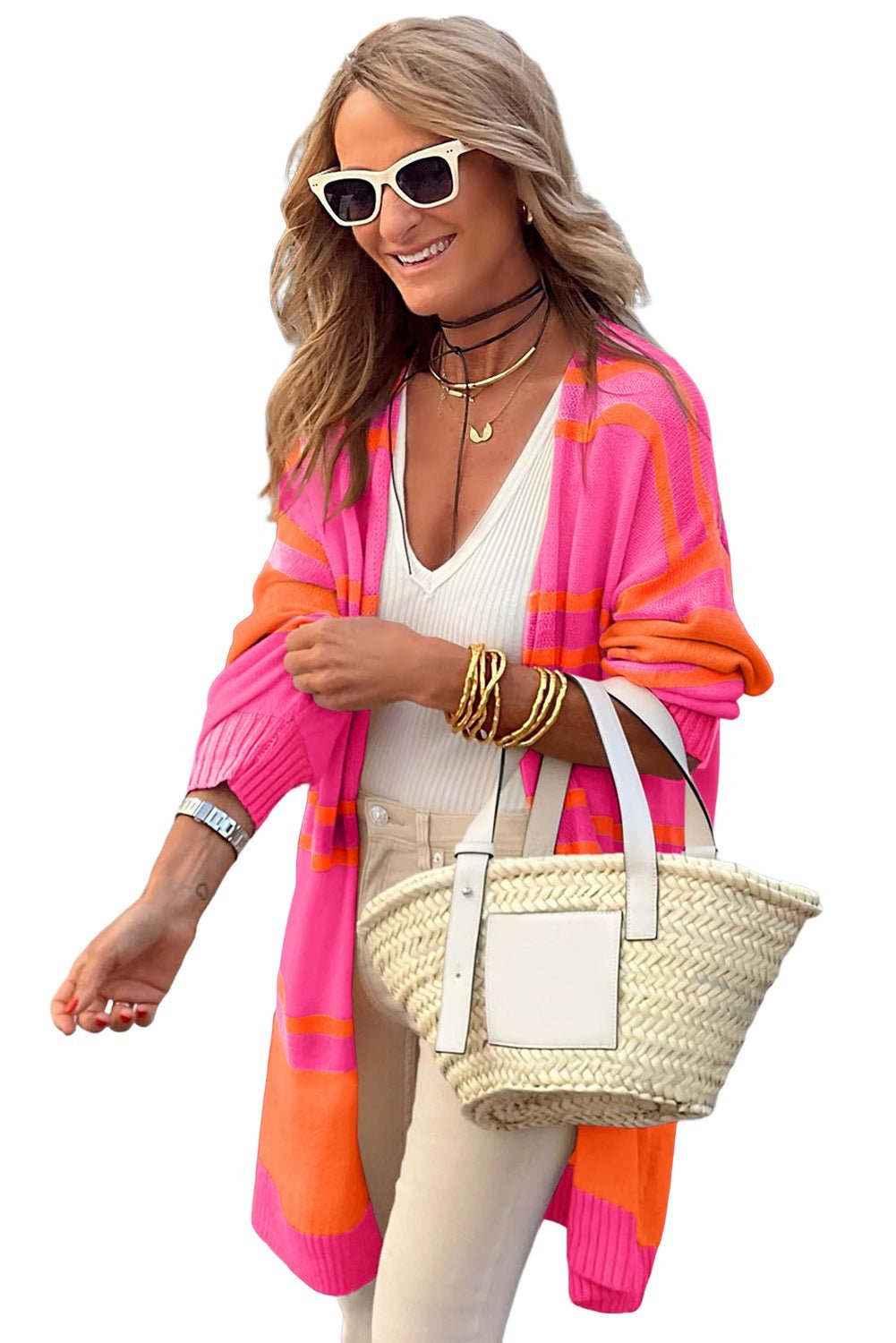 Fashionsarah.com Multicolor Striped Long Sleeve Ribbed Trim Button Cardigan