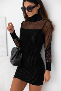 Black Dotted Mesh Striped Frilled Neck Bubble Sleeve Dress | Fashionsarah.com