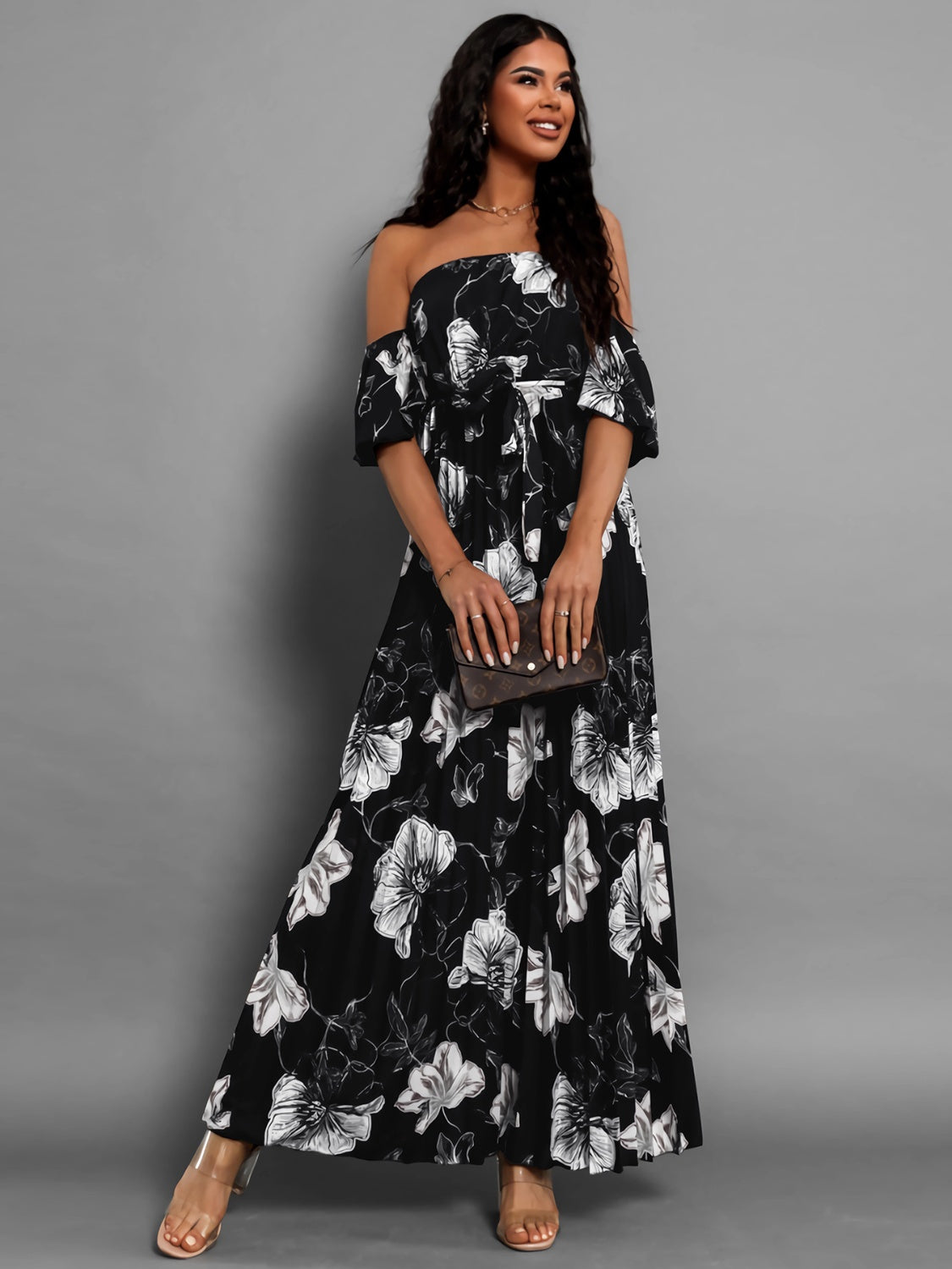 Fashionsarah.com Fashionsarah.com Pleated Floral Off-Shoulder Short Sleeve Midi Dress