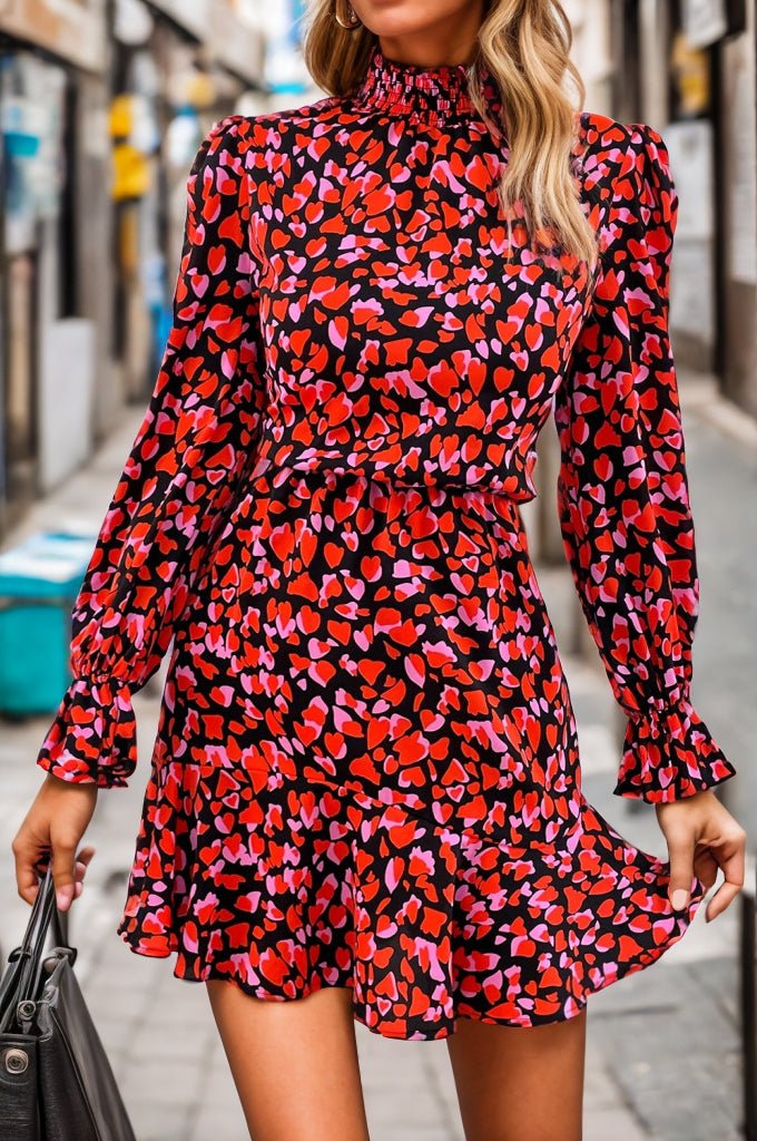 Heart Printed Mock Neck Flounce Sleeve Dress | Fashionsarah.com