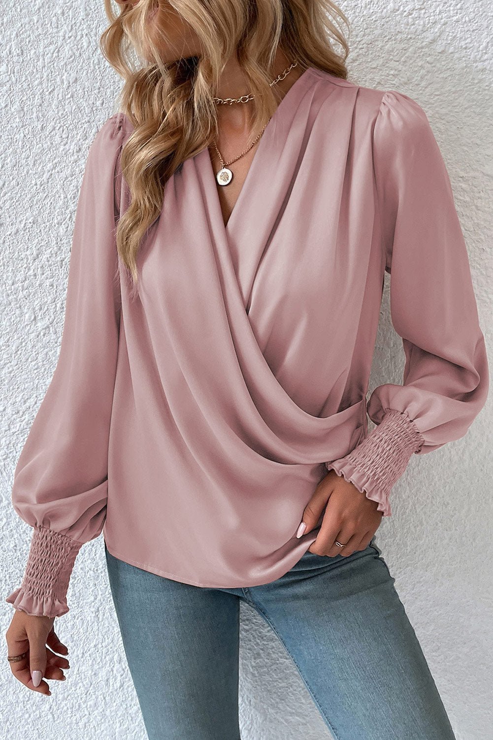 Black Solid Surplice Neck Shirred Cuffs Draped Blouse | Fashionsarah.com