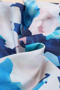 Blue Abstract Floral Long Sleeve Tied Ruffle Dress | Fashionsarah.com