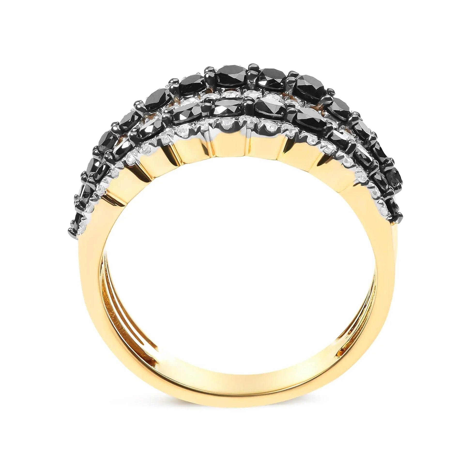 14K Yellow Gold Plated .925 Sterling Silver 1 3/4 Cttw Treated Black and White Alternating Diamond Multi Row Band Ring (Black / I-J Color, I2-I3 Clarity) | Fashionsarah.com