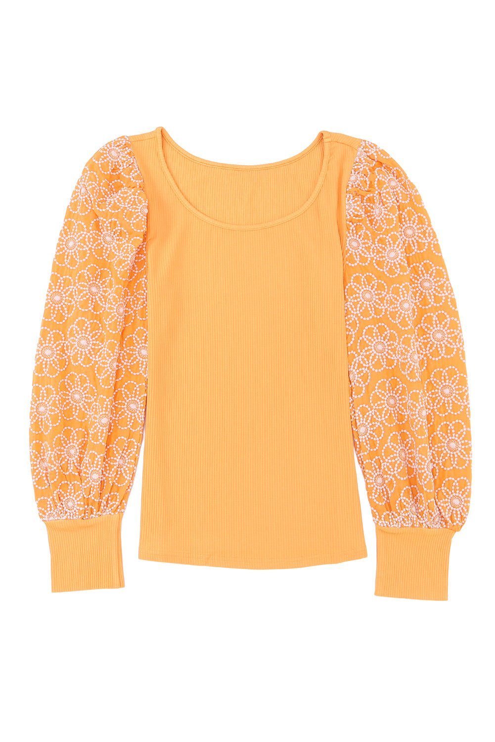 Fashionsarah.com Yellow Flower Puff Sleeve Ribbed Knit Top