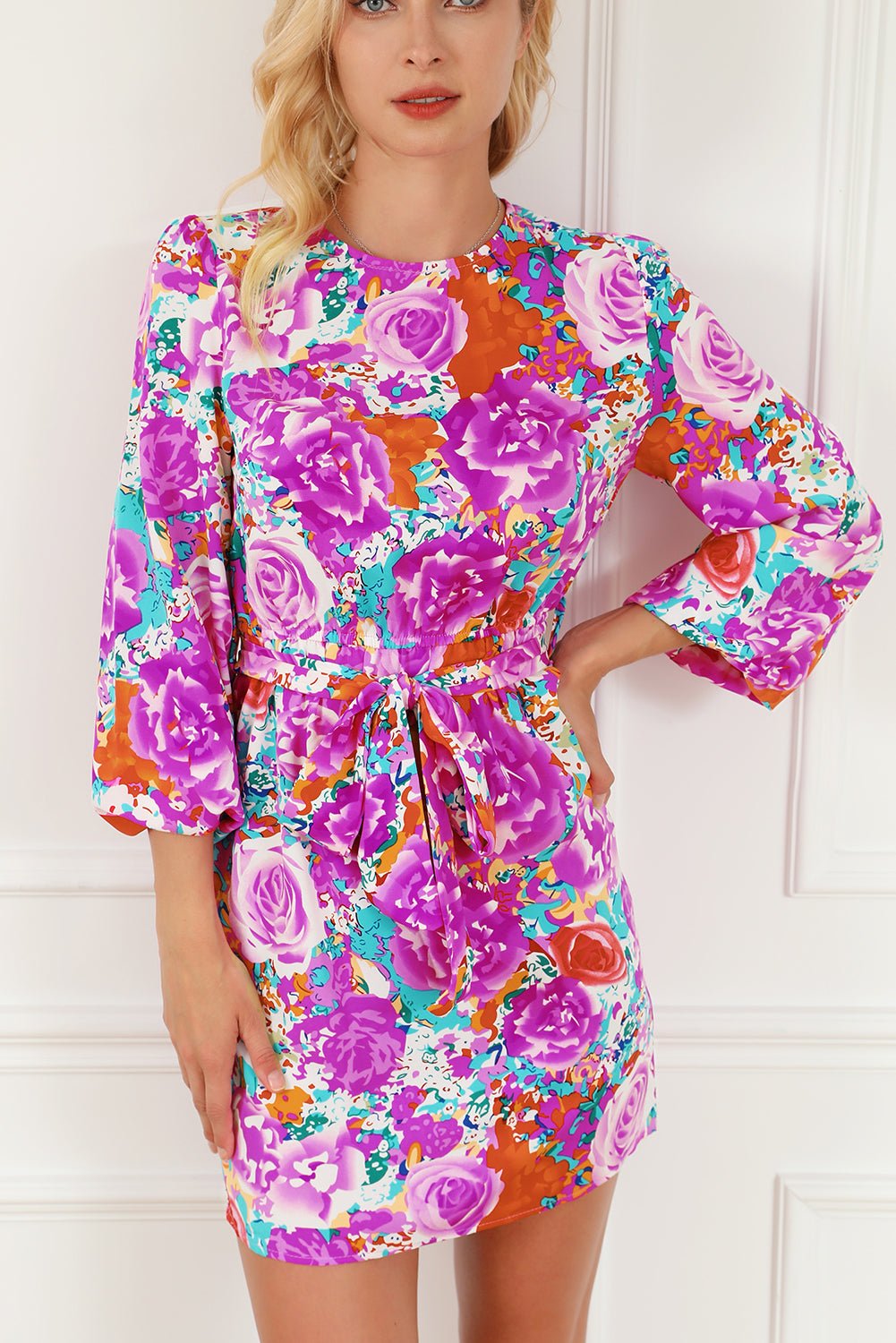 Purple Floral Keyhole Back Long Sleeve Belted Dress | Fashionsarah.com