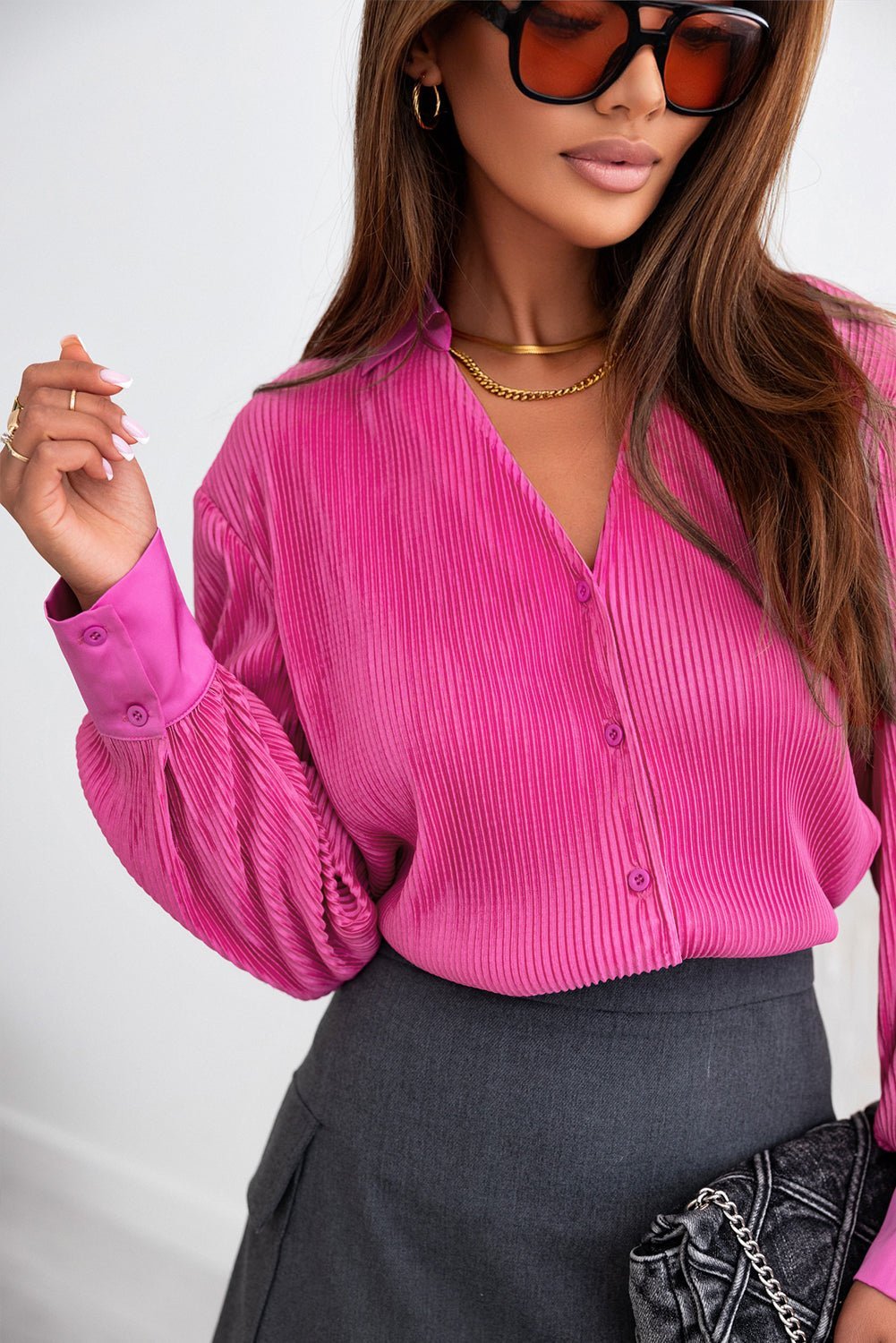 Women Pink V Neck Collared Pleated Shirt | Fashionsarah.com