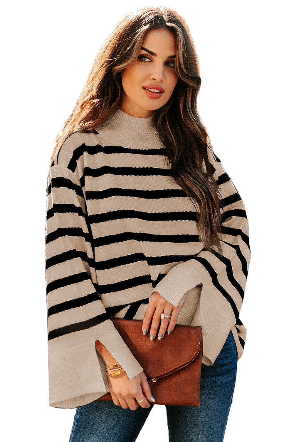 Fashionsarah.com Khaki Striped Mock Neck Bell Sleeve Knit Sweater