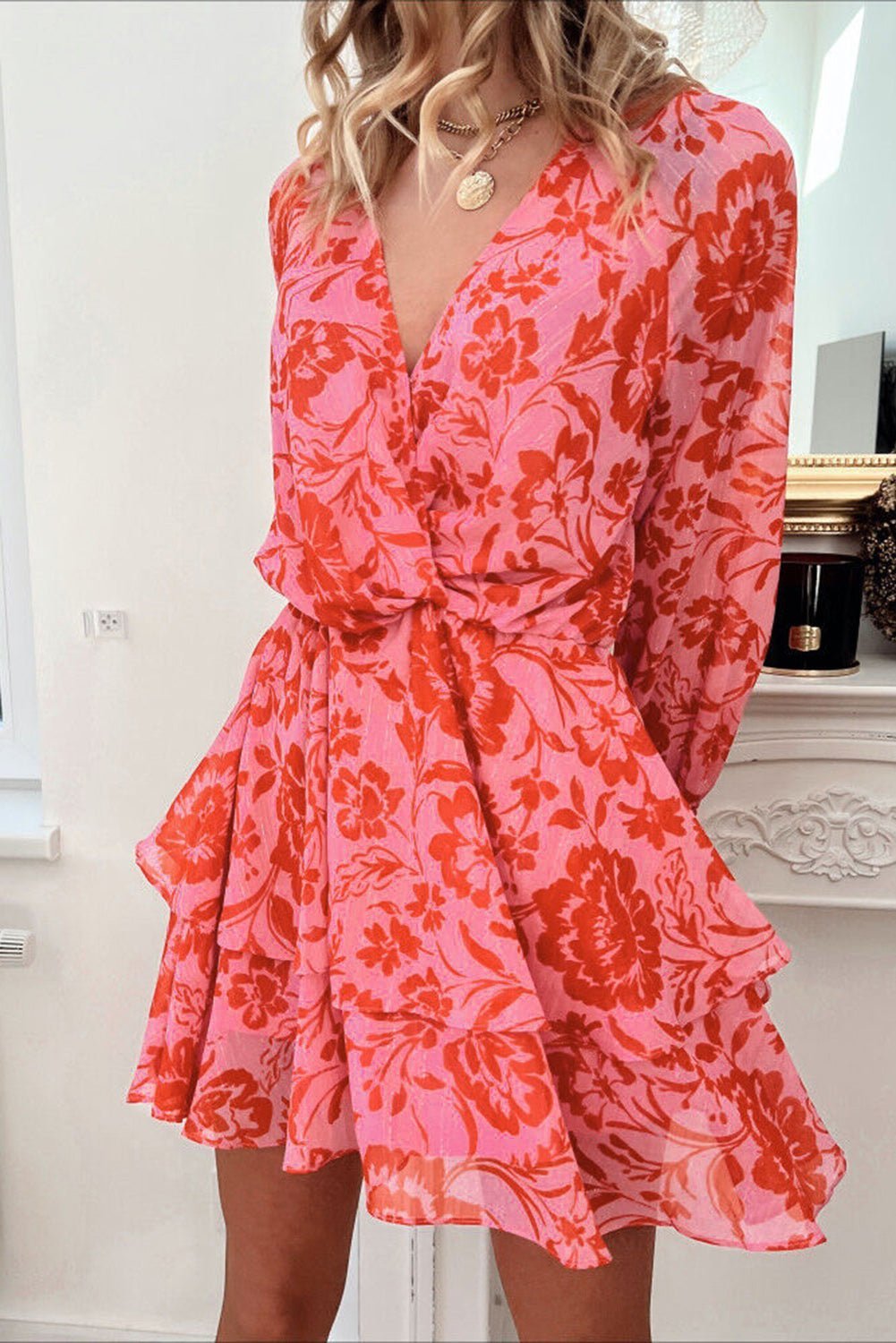 Red Floral Ruffle Layered Surplice Dress | Fashionsarah.com